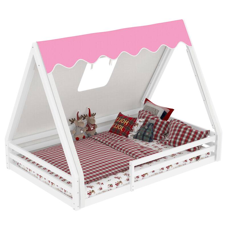 House Floor Bed with Tent and Light Montessori Kids Wood Bed Frame