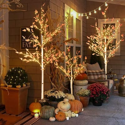 3 Piece Lighted Trees Set, Christmas Holiday Party Decorations Pre-Lit White Birch Tree LED Lighted Trees with Maple Leaves
