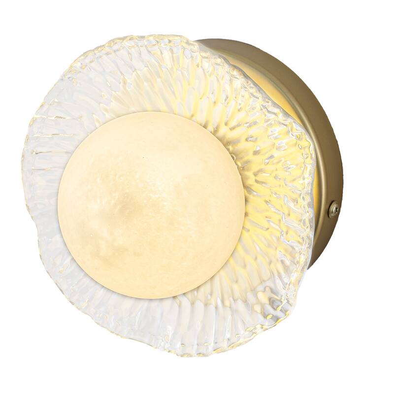 Gold Lotus Leaf Textured Glass Plate Wall Sconce Moon Globe Lampshade
