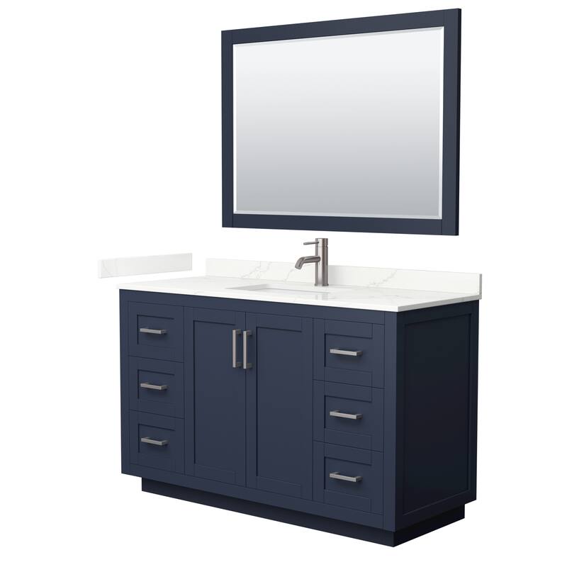 Miranda 54-inch Single Vanity, Quartz Top, 46-inch Mirror - Dark Blue, Nickel Trim, Giotto Quartz Top