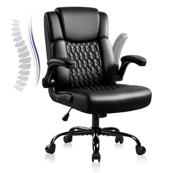 slide 2 of 8, BOSSIN Adjustable Flip-Up Arms Ergonomic Office Chair,PU Leather High-Back Computer Chair with Lumbar Support,Black Black