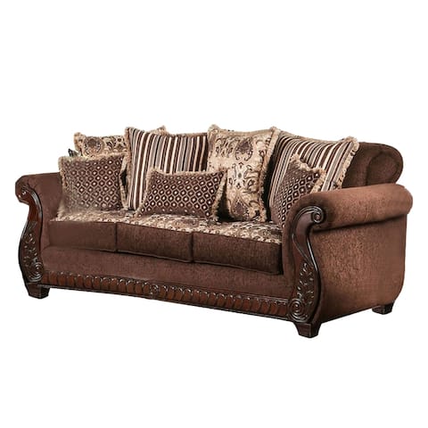 Fabric Upholstered Sofa with Rolled Arms Design in Brown