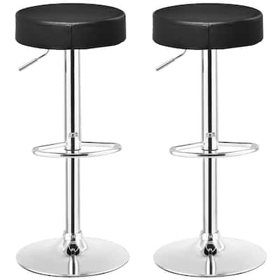 Set of 2 Adjustable Round Leather Seat Swivel Bar Stool-Black - 15"x 25.5"-33" (Diameter x H)