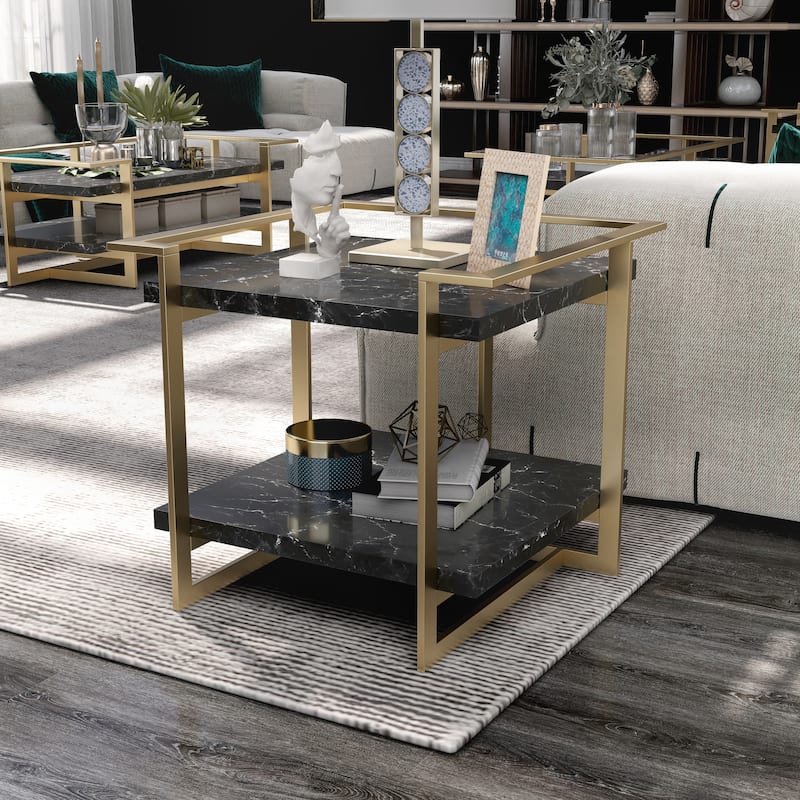 Lovell Glam Gold and Black Faux Marble 2-Piece Table Set with Shelf by Furniture of America