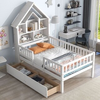 Twin Size House-Shaped Platform Bed with Headboard and Fence Guardrails and Drawers