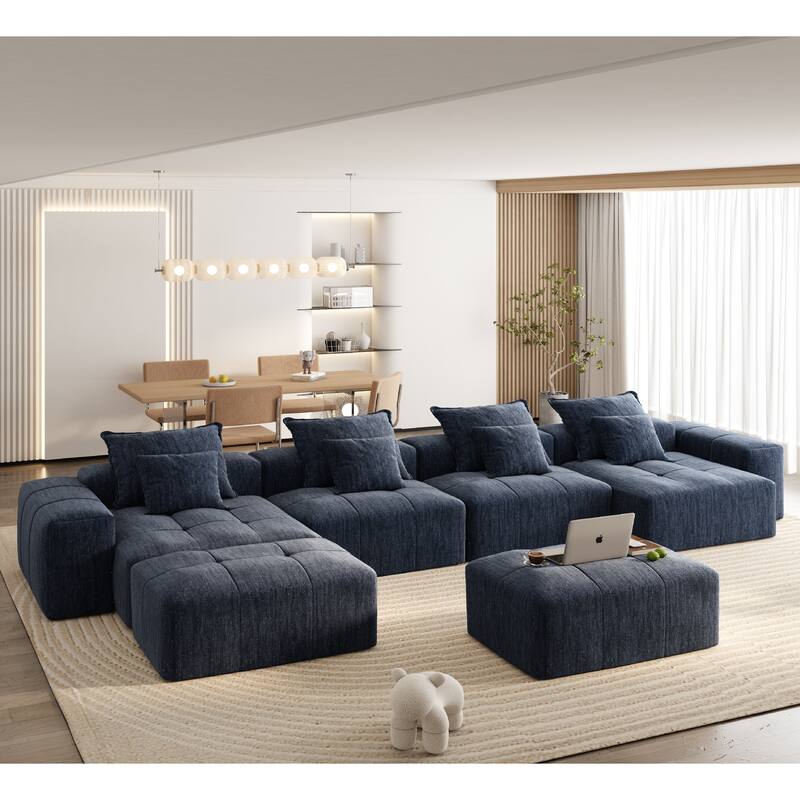 GDFStudio - Chenille Tufted Oversized 198" Modular Sectional Sofa with 2 Ottomans - Blue