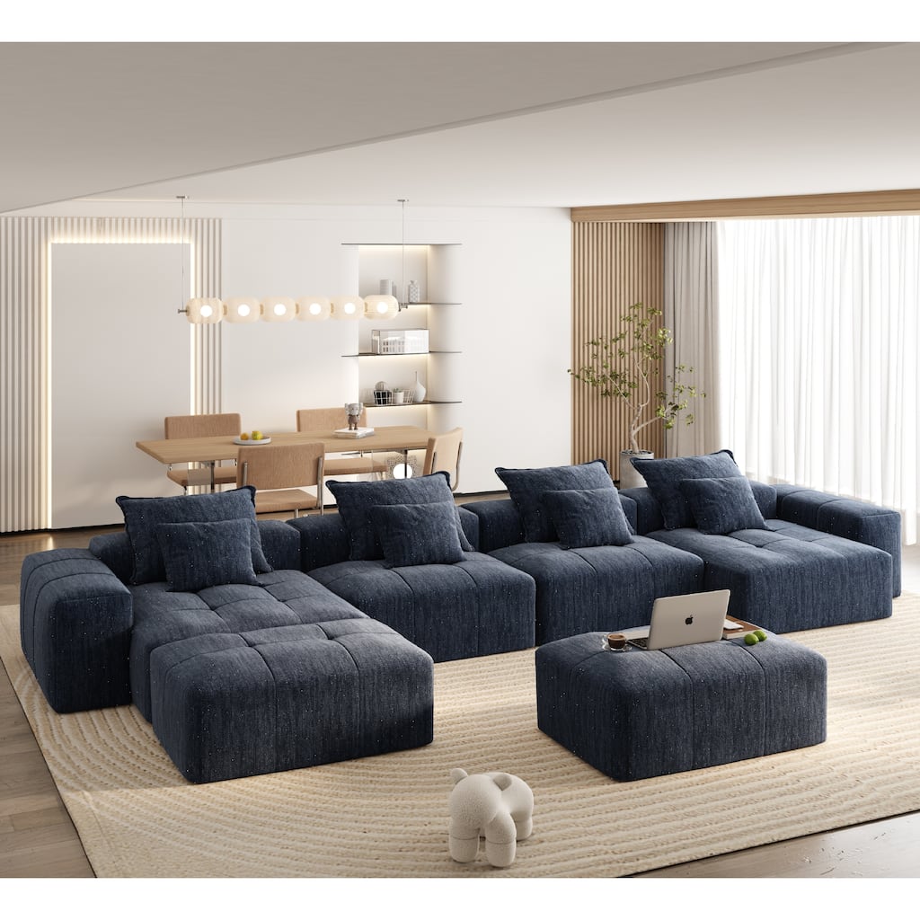 Modern Oversized Modular Sectional Sofa, Sparkling Chenille, 8 Pillows, No Assembly, Blue