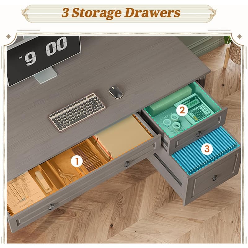 Farmhouse Executive L Shaped Desk Home Office Desk with Drawers and Storage Cabinet & Power Outlet
