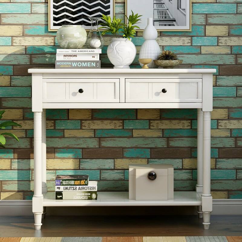 Daisy Series Farmhouse Console Table Solid Wood 2 Drawers Bottom Shelf Entryway