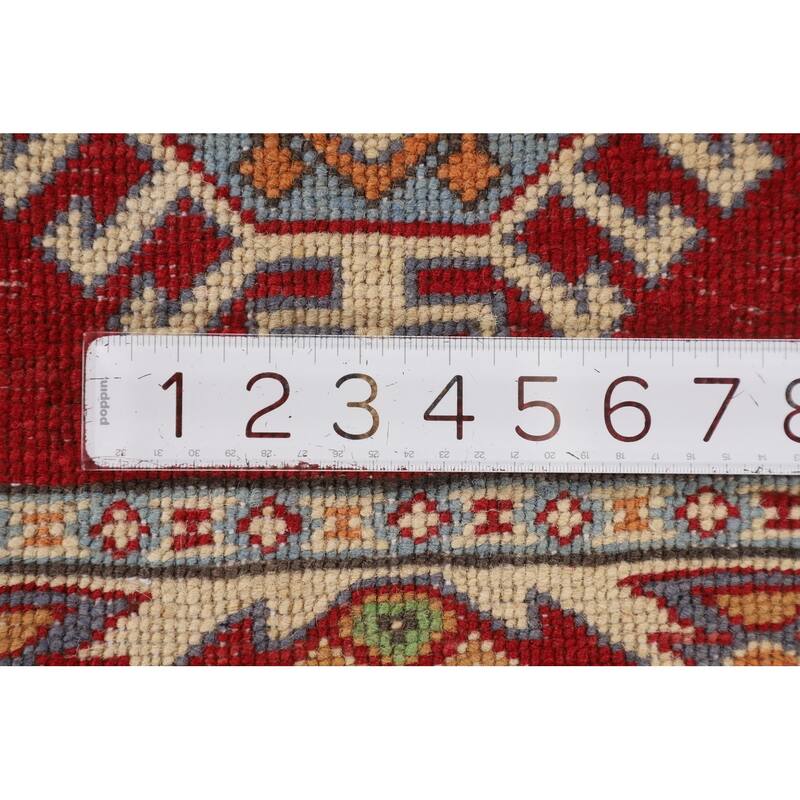 Red Geometric Kazak Oriental Accent Rug Handmade Wool Carpet - 2'8" x 3'11"