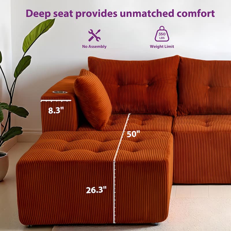 Corduroy Modular Sectional Sofa - 35.8"D x 101"W x 26.3"H