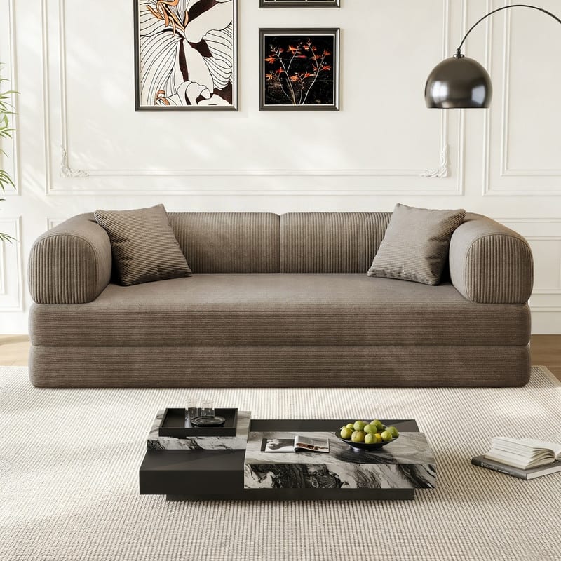 78.8" Convertible Floor Sofa Bed, Corduroy Folding Mattress Sofa Couch for Small Spaces ,No Assembly - Camel