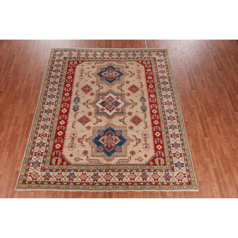 Hand Knotted Oriental 100% Wool Carpet Traditional Geometric Peach Kazak Area Rug - 9' 9'' X 8' 4''