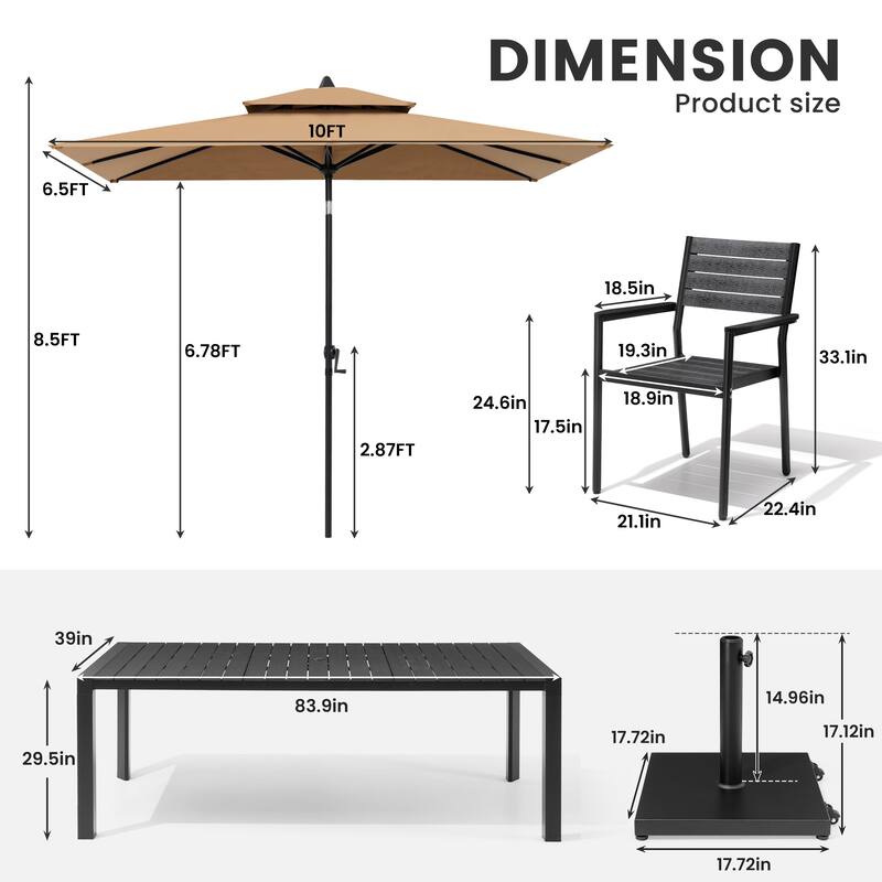 9/11-Piece Patio Dining Set Aluminum Dining Table and Chairs w/10 ft Market Umbrella and Base with Wheels