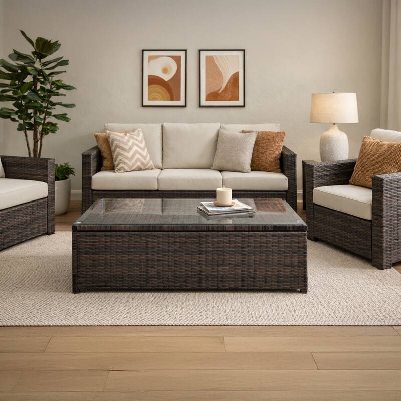Rectangular Faux Rattan and Aluminum Coffee Table with Glass Top, Brown