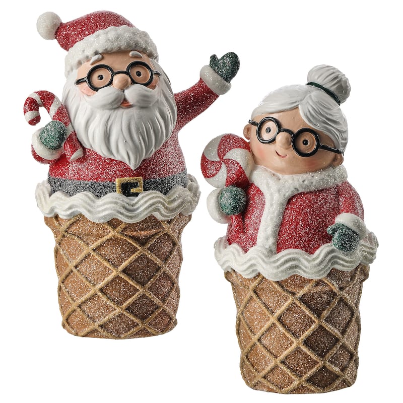 6" Resin Santa and Mrs Clause In Ice Cream Cone Set of 2