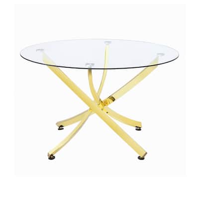 Round Glass Dining Table 60 Inch - Gold Metal Base, Contemporary Accent Table for Dining Room - 48