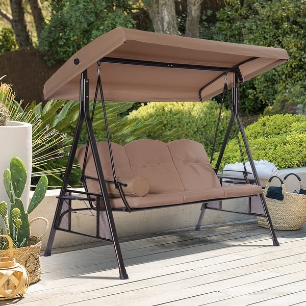 slide 2 of 8, 3-Person Sunshade Porch Swing Chair - Sturdy Steel Frame beige brown