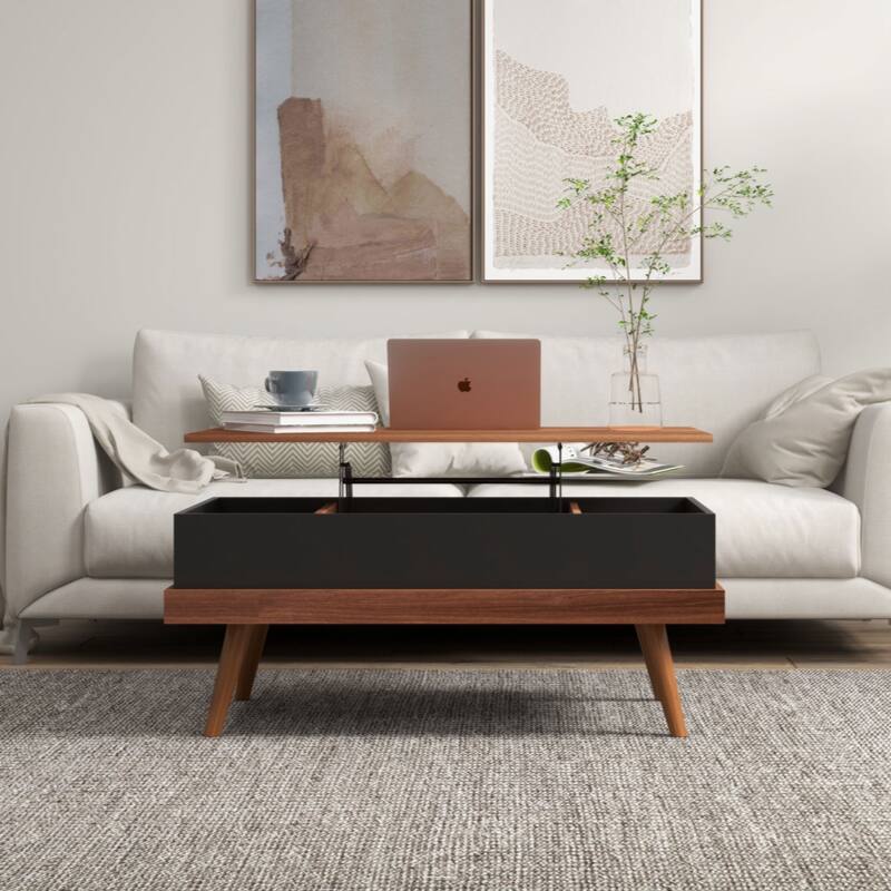 Lift Top Coffee Table, 39.25" Coffee Table with Hidden Compartments and Wood Legs, Walnut - Natural