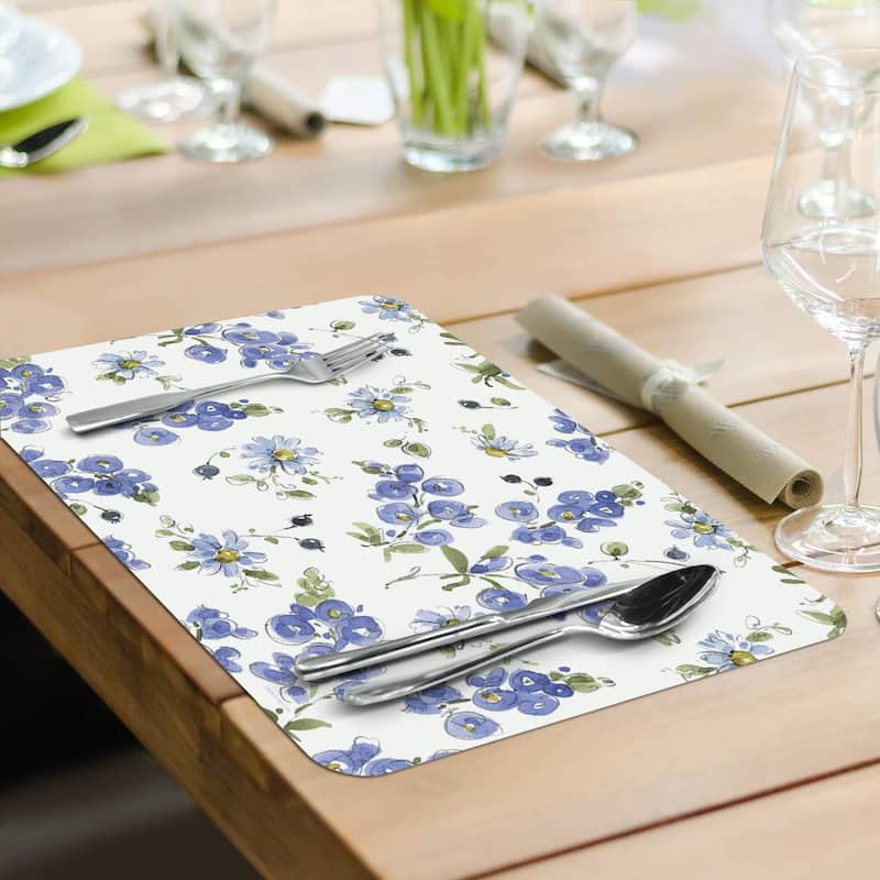Lovely Blues 4 Pack Reversible Easy Care Flexible Plastic Placemats Made in The USA BPA Free PVC Free Easily Wipes Clean
