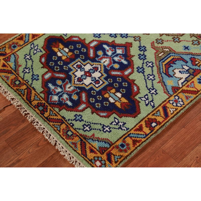 Light Green Kazak Indian Runner Rug Hand-Knotted Wool Carpet - 2'7" x 9'8"