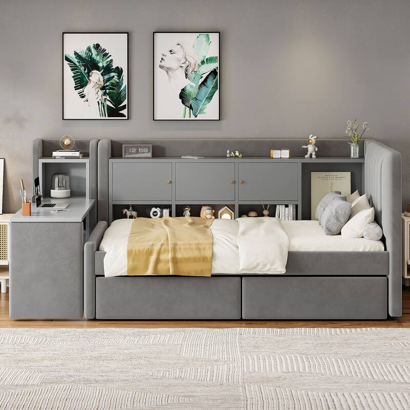 Twin Size Upholstered Daybed with Drawers, Shelves, Flip Cabinets & Side Table, Beige
