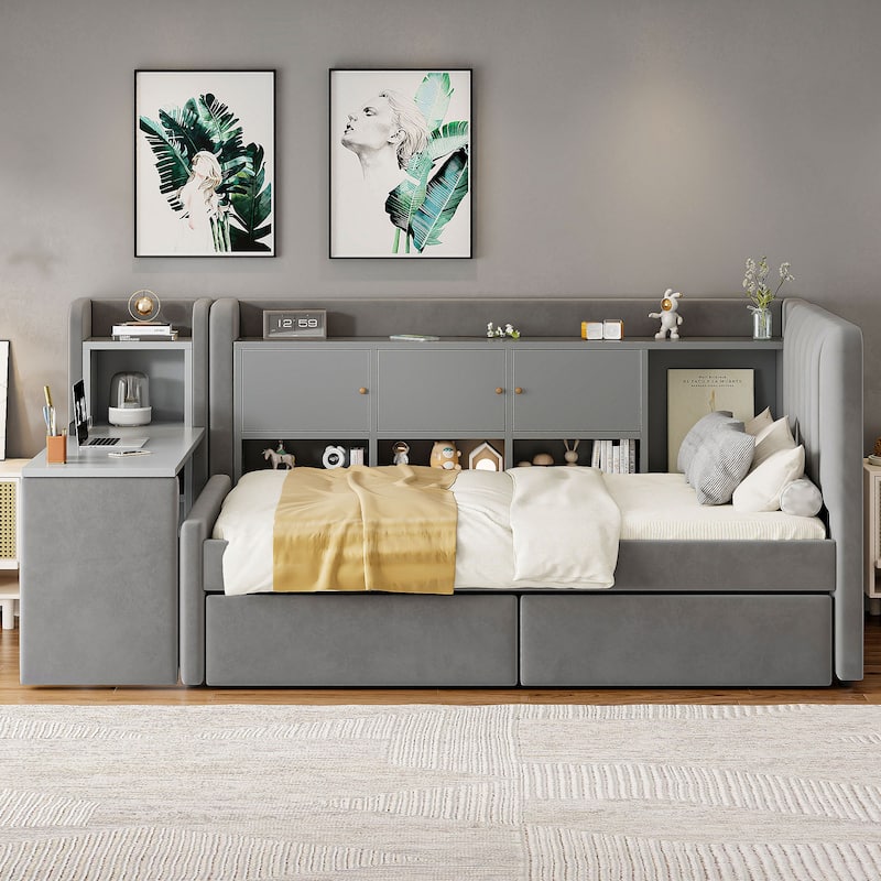 Twin Upholstered Daybed with Drawers, Shelves, Flip Cabinets & Side Table in Gray