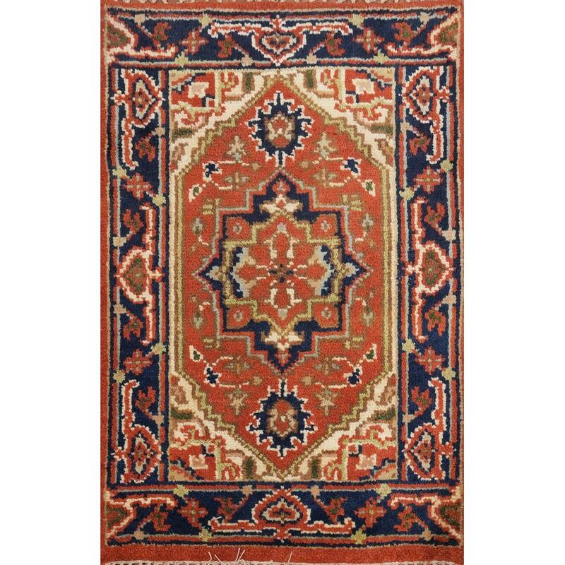 Hand Knotted Oriental 100% Wool Carpet Traditional Medallion Oranges & Rust Heriz (serapi) Area Rug - 3' 0'' X 2' 0''