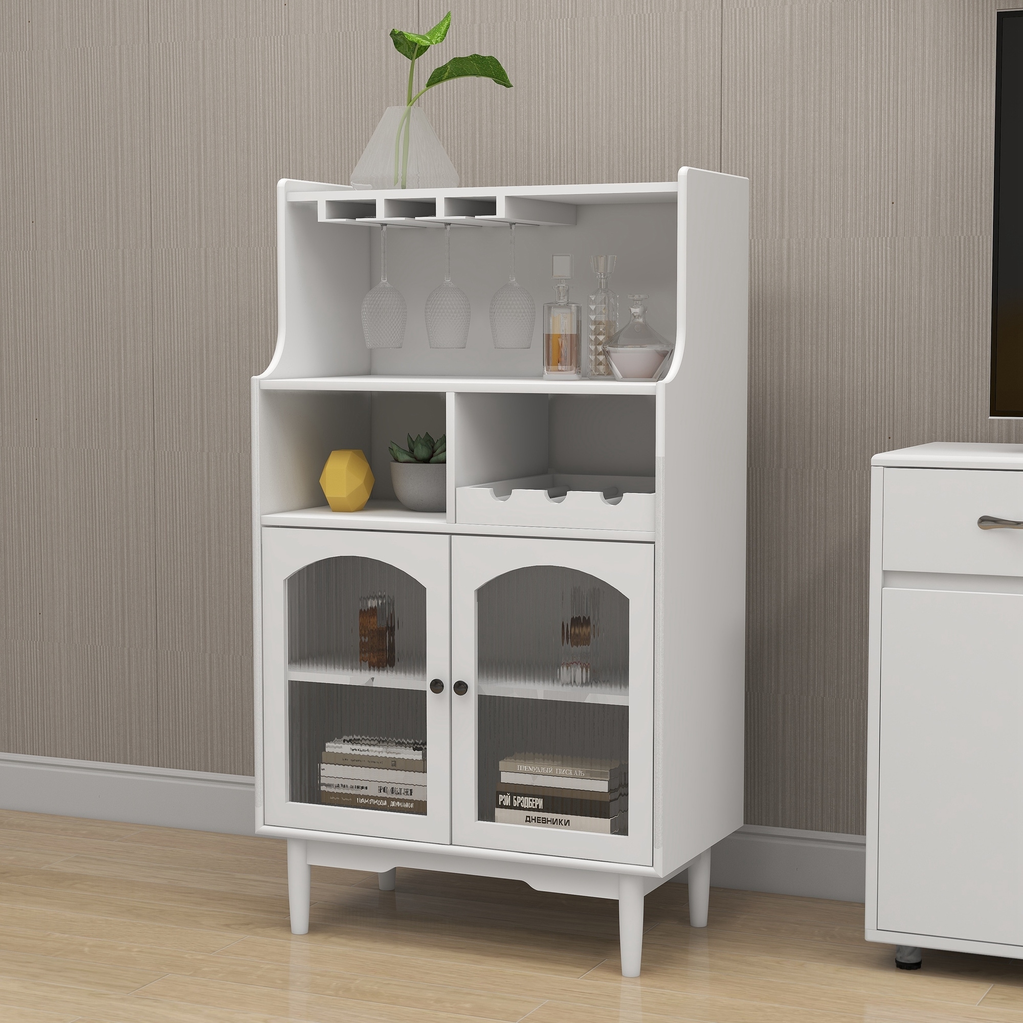 White wine cabinet with removable wine rack and wine glass rack a