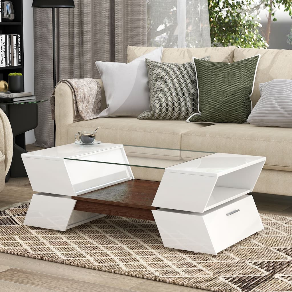 Double-Layer Coffee Table with Open Shelves, Geometric Cocktail Table with Storage, Glass-Top Center Table for Living Room