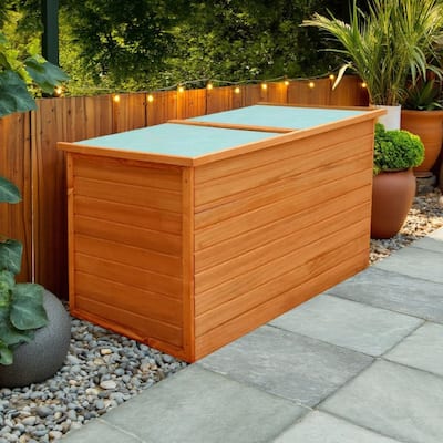 Outdoor Deck Patio Storage Box, Hinged Lift Top, Brown Wood 28x28x50