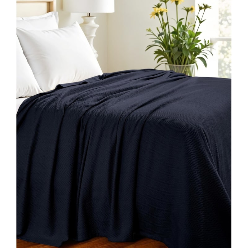 HomeRoots King Navy Blue Cotton Woven Chevron Blanket - King - Navy Blue