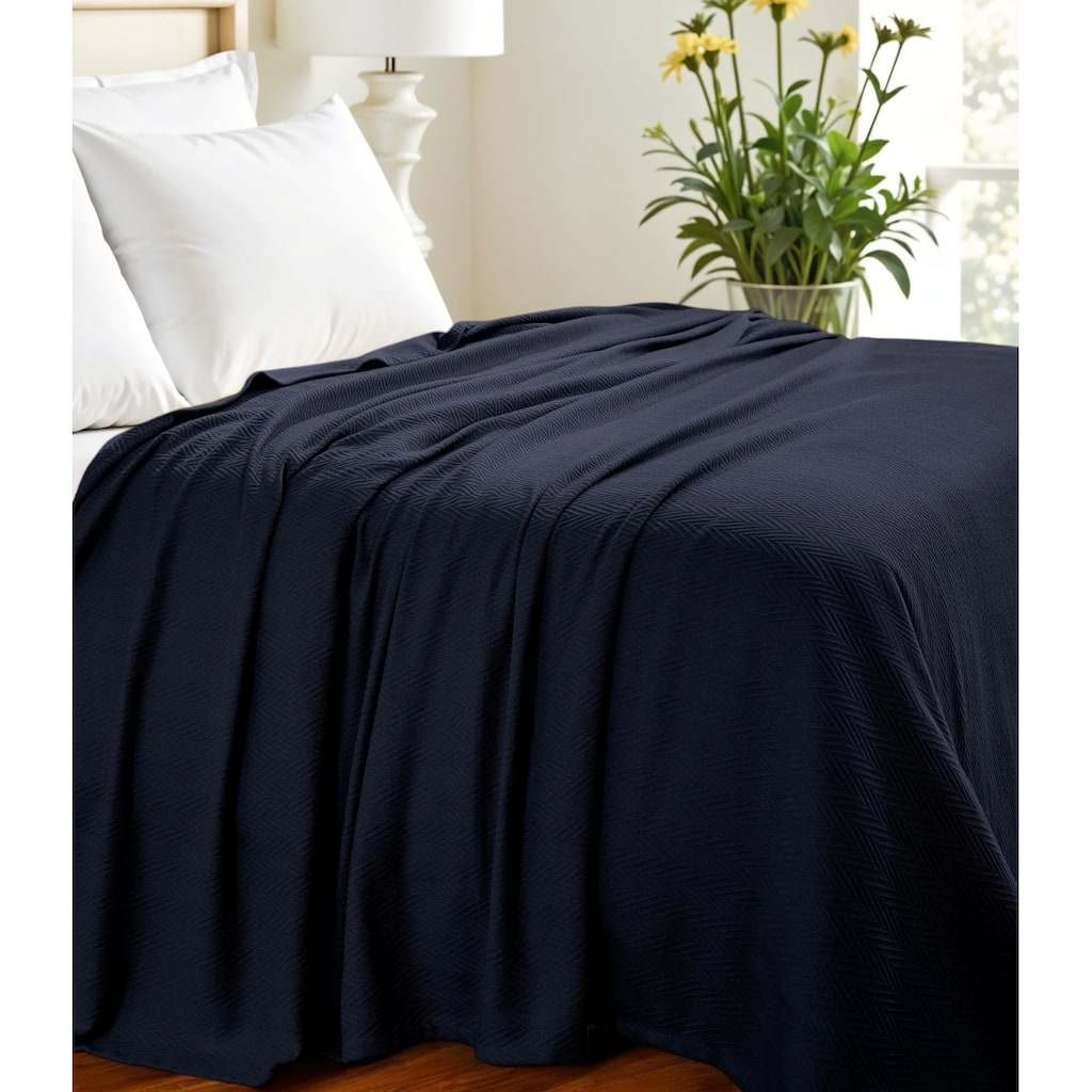 HomeRoots King Navy Blue Cotton Woven Chevron Blanket