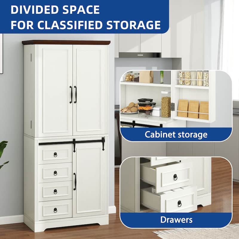 Moasis Farmhouse Kitchen Pantry Storage Cabinet with Barn Doors And 4 Drawers