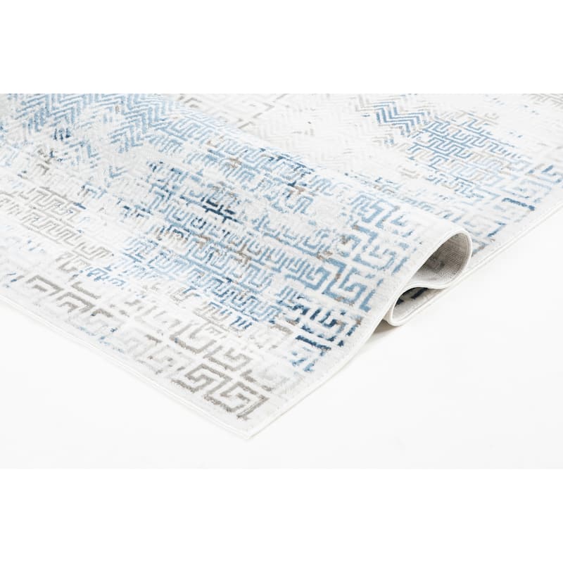 Trendy Collection Neutral Ivory, Tan, and Blue Greek Key Rug