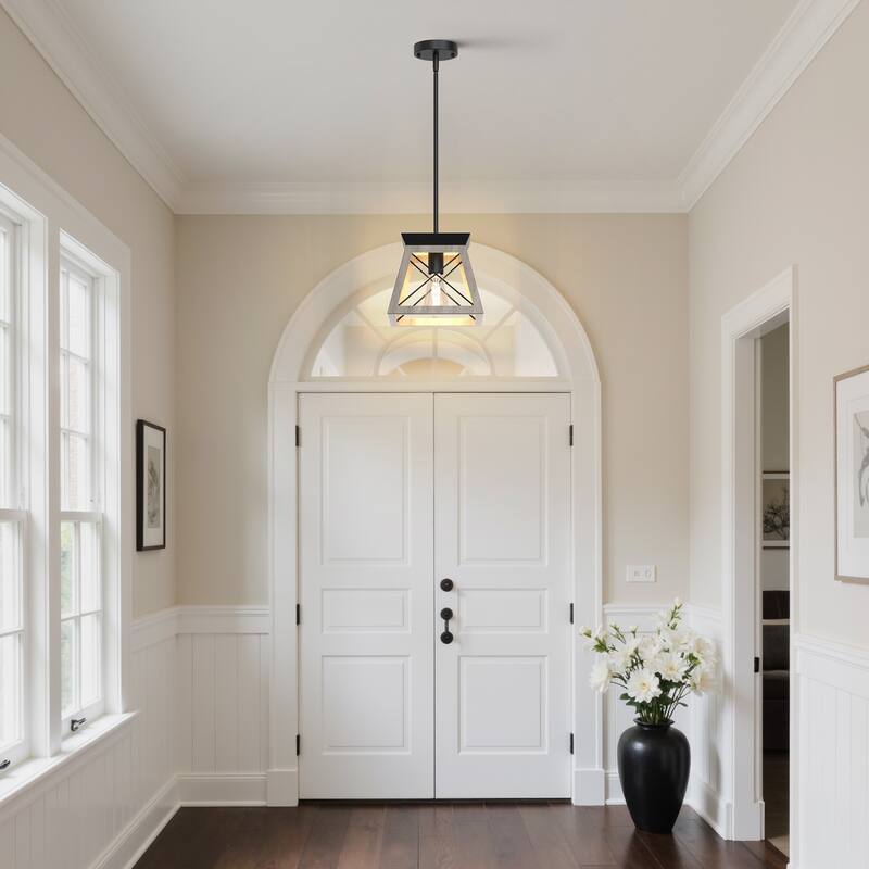 YANSUN Light Wood Industrial Pendant Light with Iron Rods, Adjustable Height