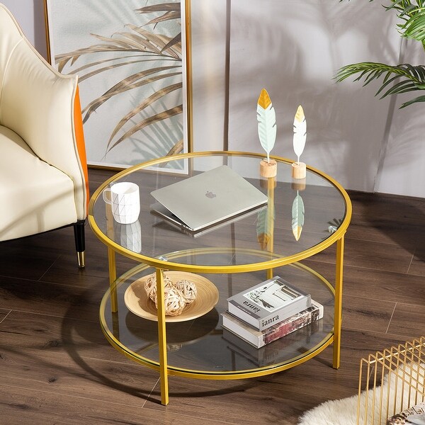 Simple Double Glass Top Round Coffee Table 80CM Gold - Overstock - 32530383
