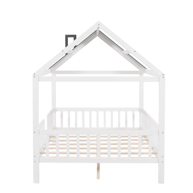 Pine House Bed with Fence & Chimney Roof