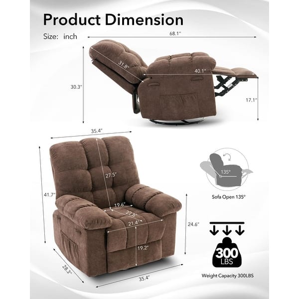 dimension image slide 1 of 4, Rocking Recliner Chair with 360° Swivel, Upholstered Fabric Glider Recliner