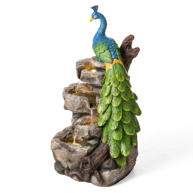 Glitzhome 20.5"H 4-Tierd Lighted Peacock Stacked Stones Polyresin Outdoor Floor Fountain