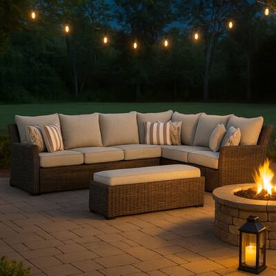 Soha Outdoor 3pc Sectional Sofa, Brown Wicker, Beige Nuvella Cushions