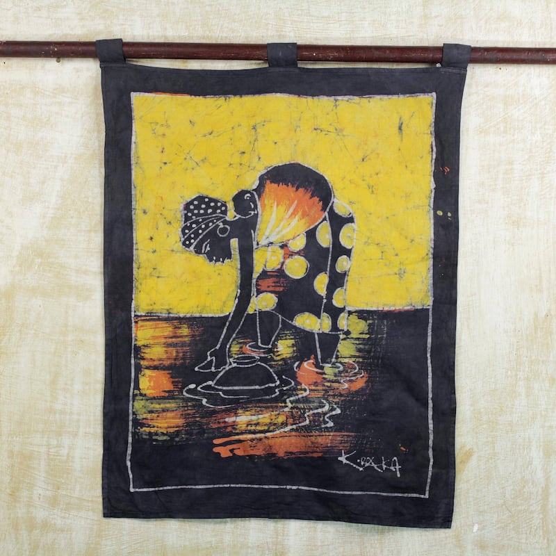 Handmade Batik wall hanging, 'Woman at the Lake'(Ghana)