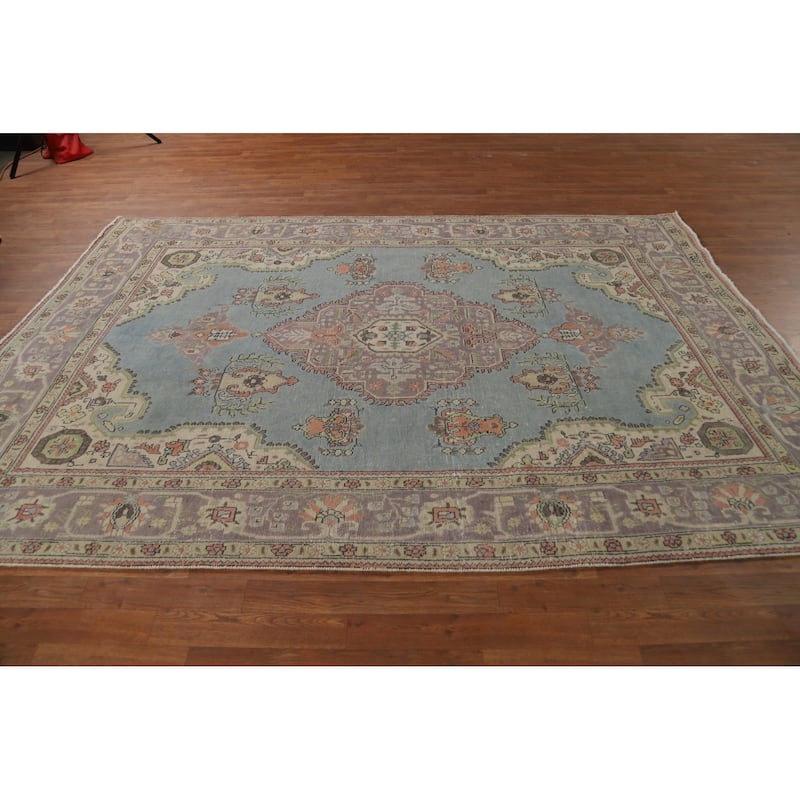 Hand Knotted Oriental 100% Wool Carpet Traditional Medallion Navy Blue & Blues Tabriz Area Rug - 9' 7'' X 6' 6''