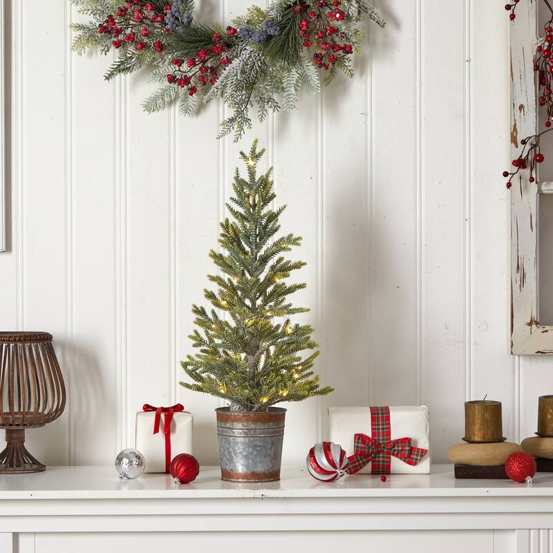 26in Christmas Tree with Lights - Small Prelit Holiday Tree in Metal Planter - Festive Home Decor - Green - 26