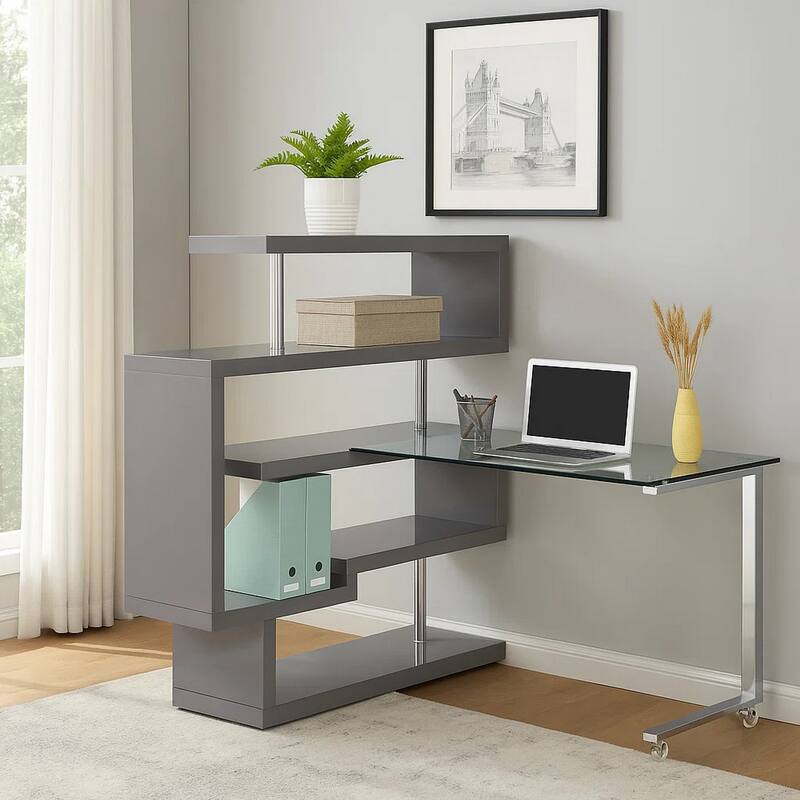 Writing Desk with 4 Swivel Etagere Shelf and Casters, Gray