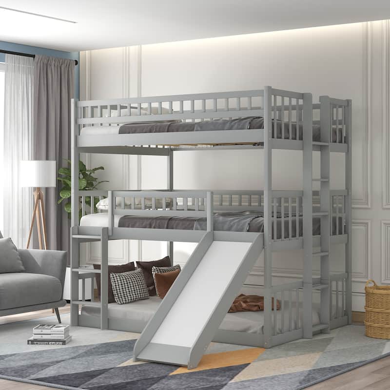 Wooden Triple Bunk Bed with Ladder, Guardrails and Slide, Detachable Full Over Full Over Full Bed Frame Convertible 3 Beds