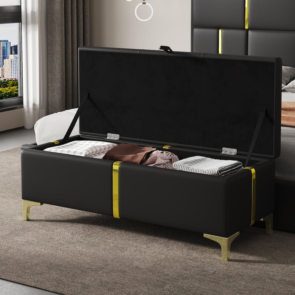 Elegant Upholstered Storage Ottoman Padded Bench with Metal Legs, Black Accent Bench Leather Vanity Bench