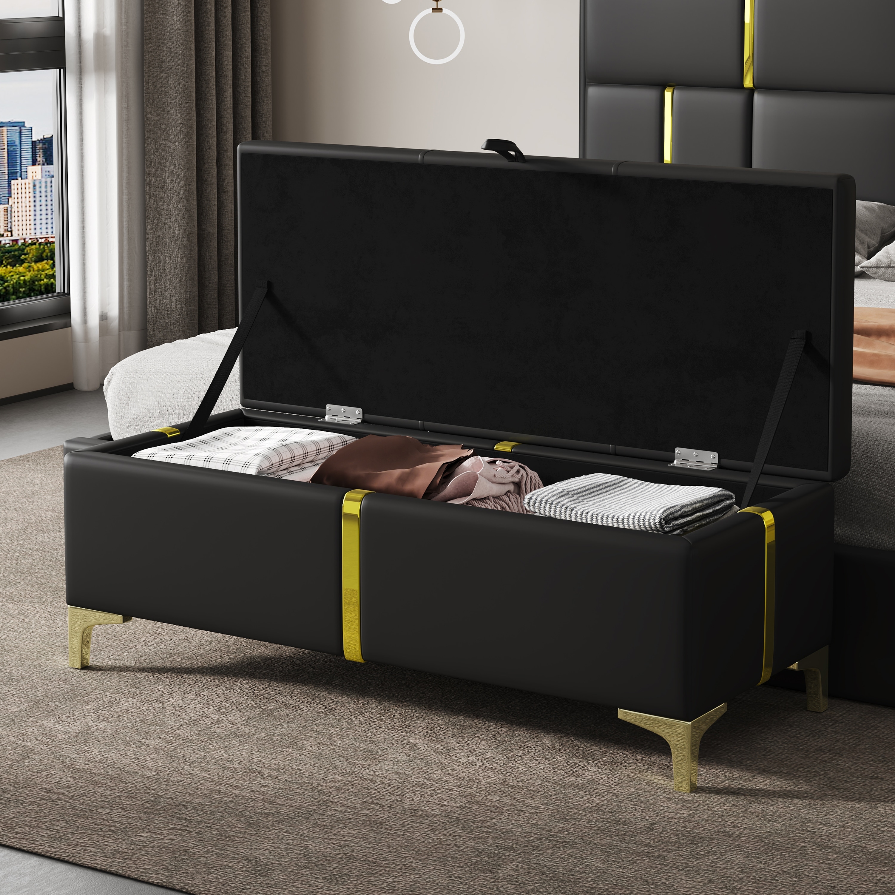Elegant Upholstered Storage Ottoman Padded Bench with Metal Legs, Black Accent Bench Leather Vanity Bench