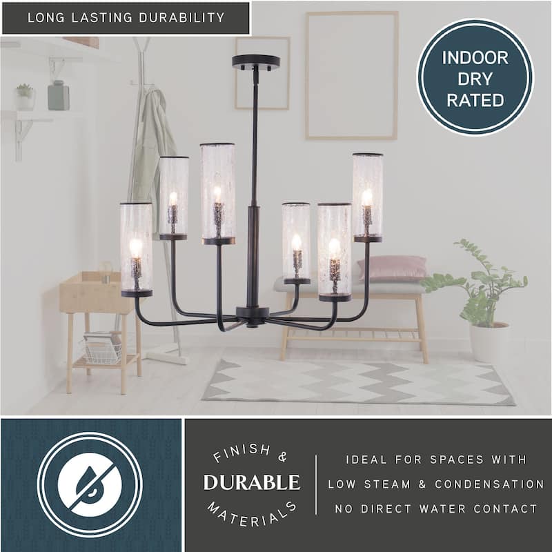 Glencoe 6 Light Matte Black Multi-Level Chandelier Clear Crackle Glass - 28-in W x 21.75-in H x 28-in D