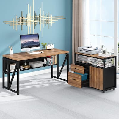 55 inches computer desk and 32 inches file cabinet 2 Piece Home Office Furniture with Bookshelf,Double Drawers